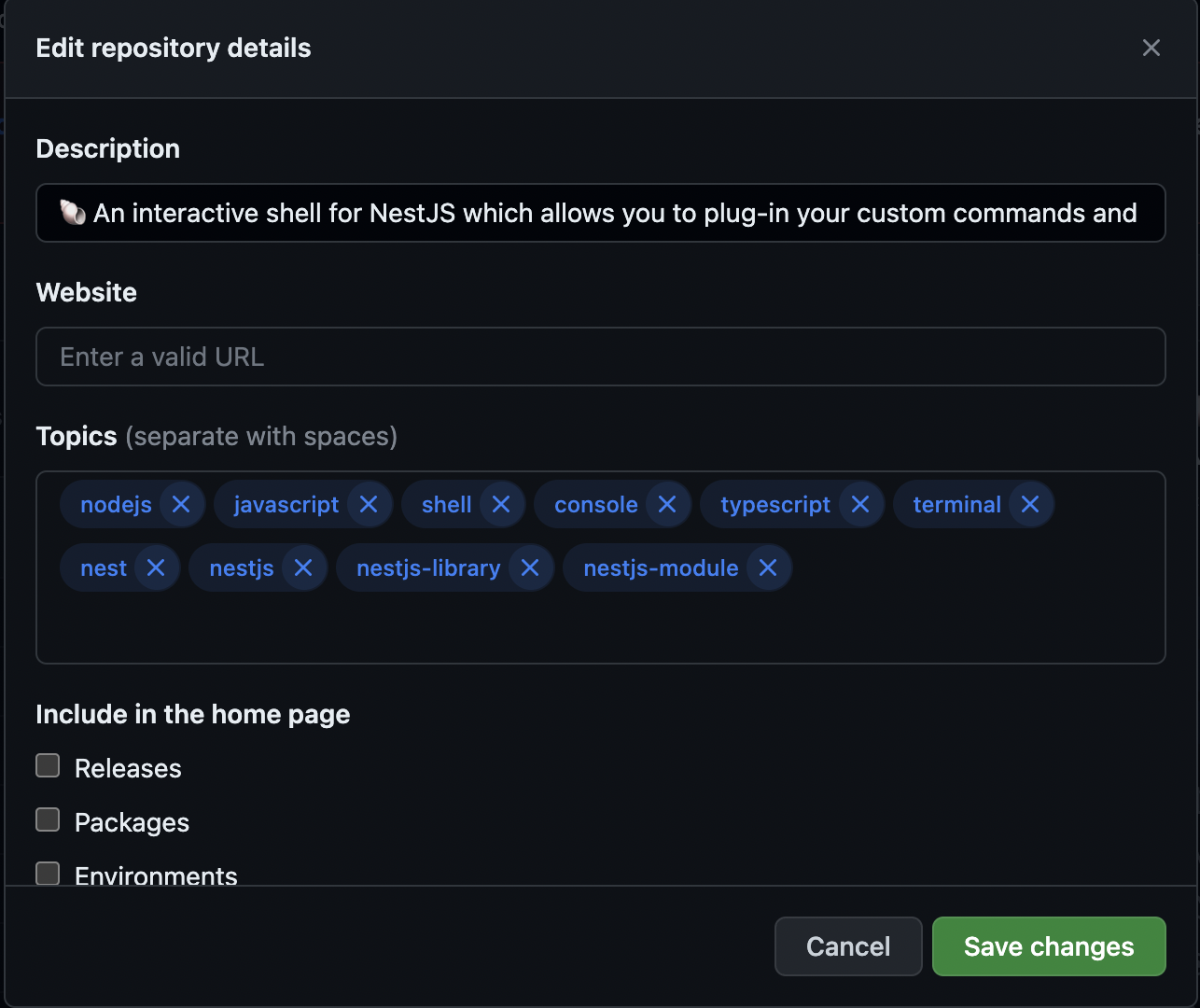 Github's project description modal