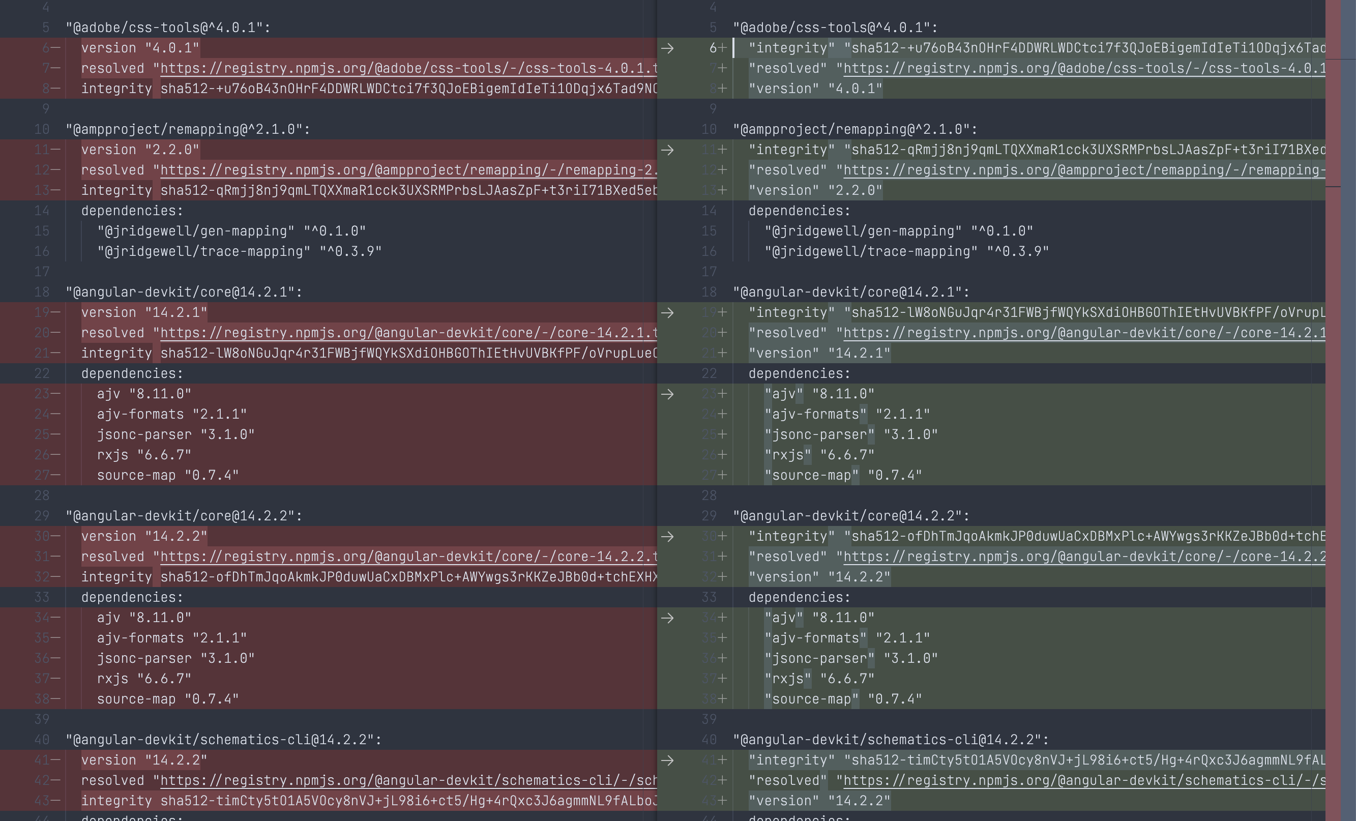Screenshot of big yarn.lock diff